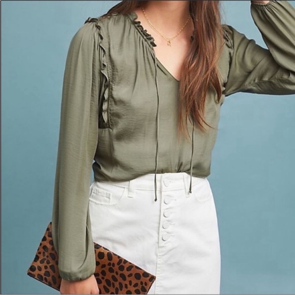 Anthropologie Dolan Left Coast Miramar Olive Green‎ Ruffle Blouse M